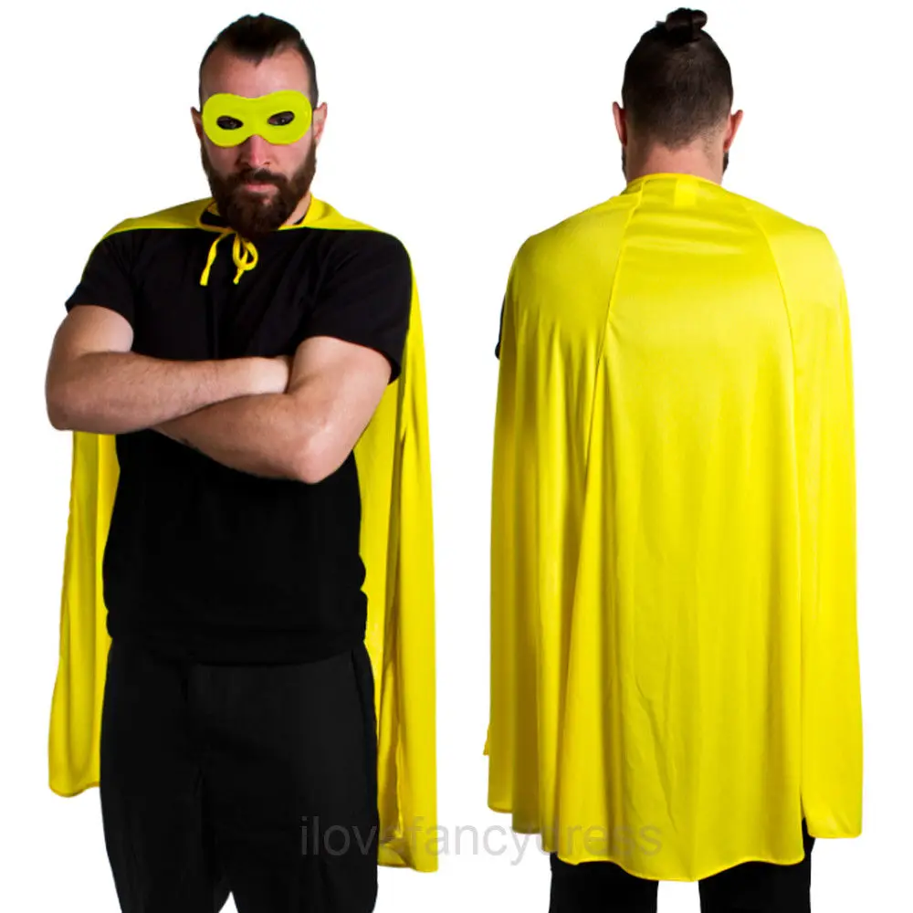 Adults Yellow Super Hero Cape With Any Colour Eye Mask Fancy Dress