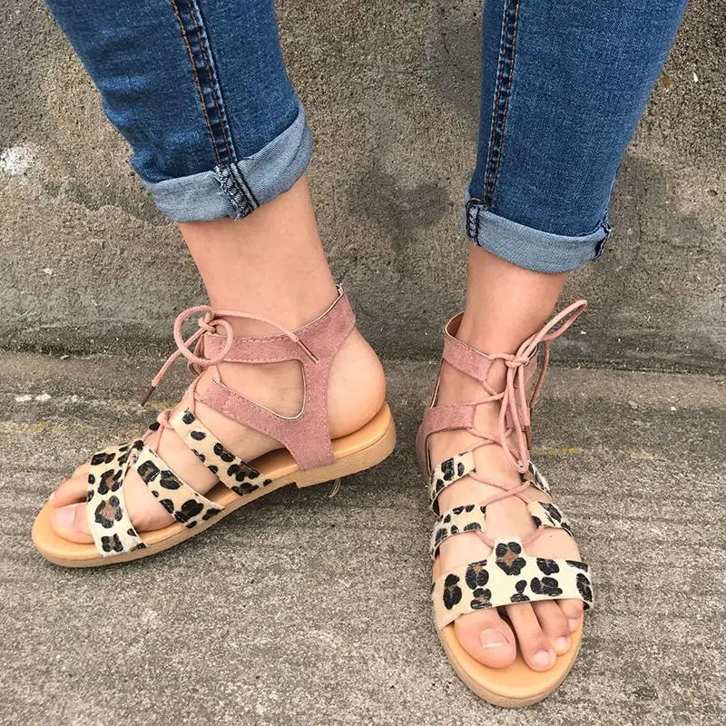 

New Women Leopard Sandals Summer Hot Female Fish Mouth Exposed Toe Flat With Sandals Romanesque Ladies Shoes