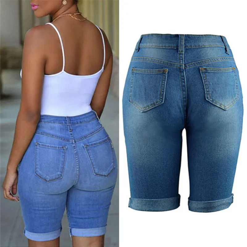 Ripped Boyfriend Skinny High Waist Zipper Fly Knee Length
