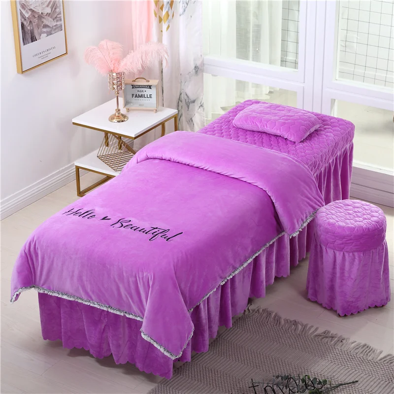 Beauty Salon Bedding Sets Coral Fleece Crystal Velvet Embroidery Bed Skirt Duvet Cover Pillowcase Bedspread High Quality Set#s - Цвет: -LY-04-qianzi