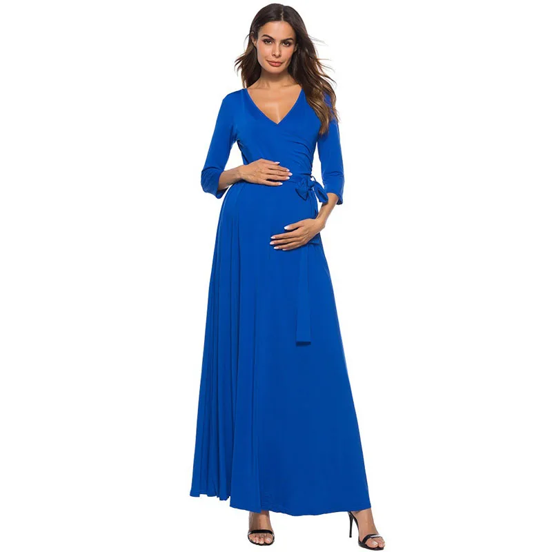 

Elegant V-neck Solid Evening Maternity Dress For Pregnant Women Clothes Long Pregnancy Dresses Gravidas Vestidos Maternity Dress