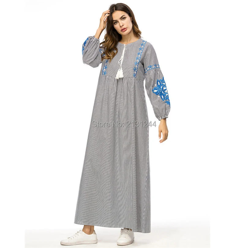 

Casual Embroidery Striped Maxi Dress Muslim Abaya Kimono Long Robe Gowns Loose Jubah Ramadan Middle East Islamic Prayer Clothing