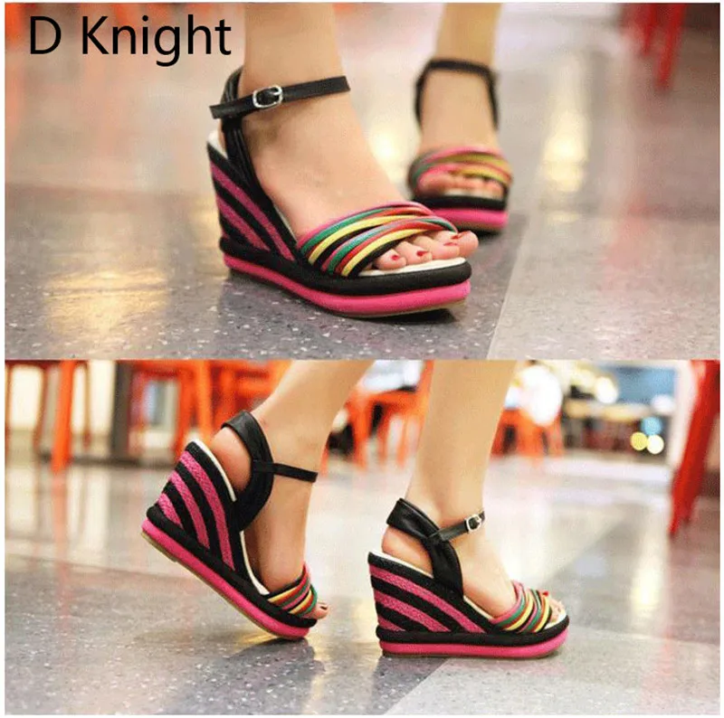 Gladiator Sandals Women 2018 Summer Bohemia Color Block Women Wedges Sandals Straw Braid Platform Wedge High Heel Women Sandals  (14)