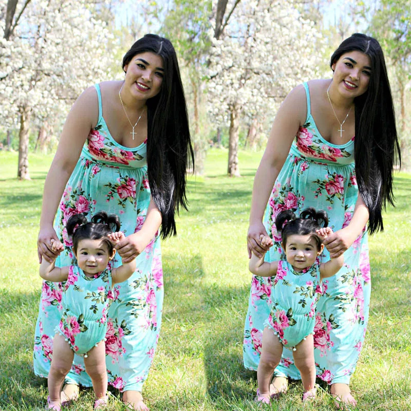 

Family Matching Outfits Mother And Daughter Dresses Printed Sling Waist Long Baby Dress
