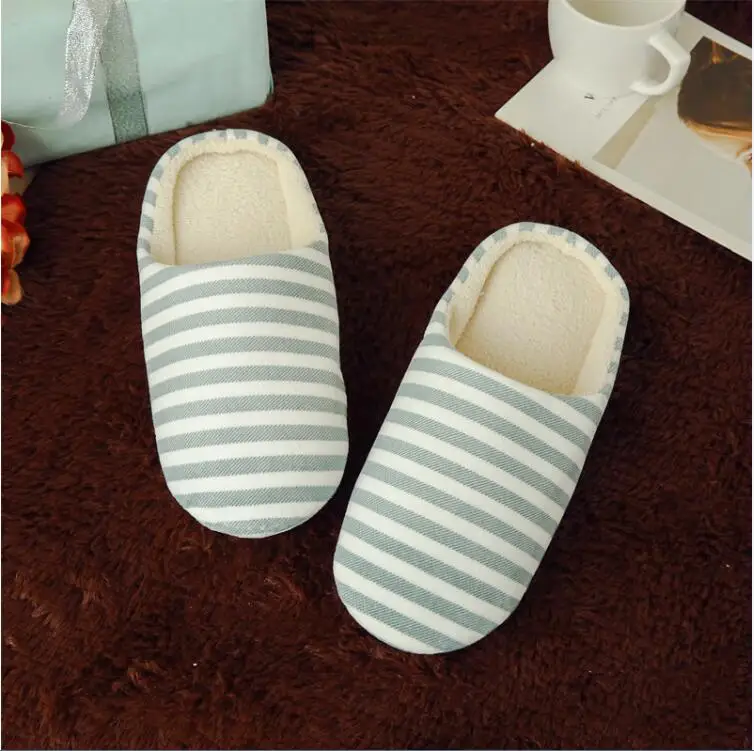 

Winter Home Slippers Women Shoes Soft Velvet Lady Indoor Shoes Striped Flats Slipper For Women Warm Cotton Pantufas Men Shoes