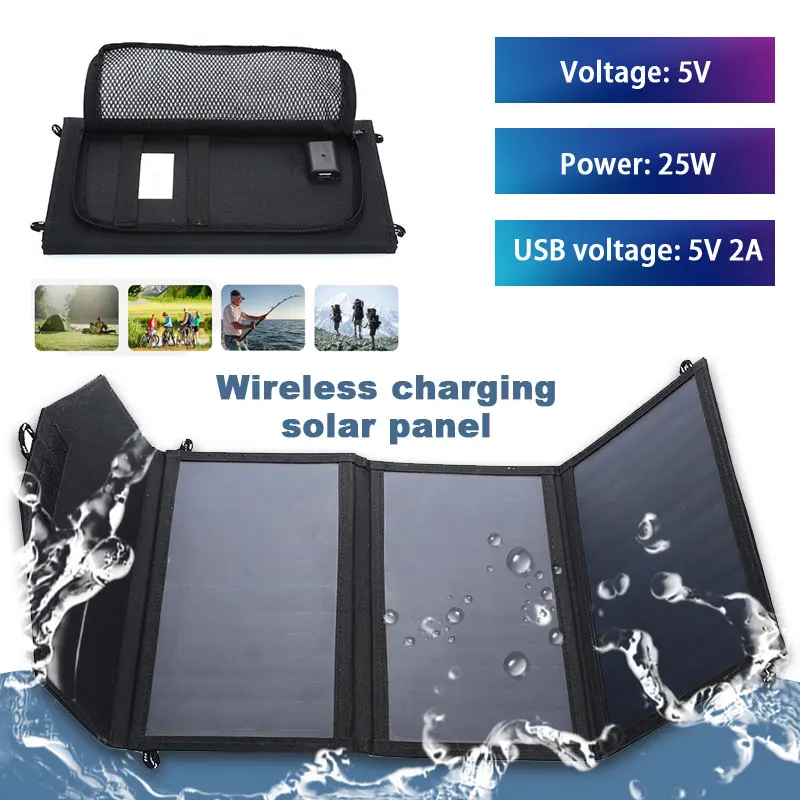 

25W Sunpower Solar Panels Portable Foldable Waterproof 5V/2A USB + Wireless Charging Solar Panel Charger for iPhone Samsung