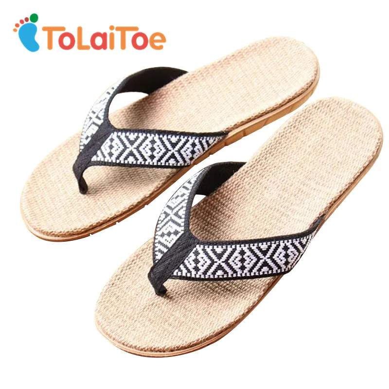 

ToLaiToe National Geometric Pattern New Linen Men Home Floor Slipper Women Summer Cool Sweat Breathable EVA Non-slip Flip Flops