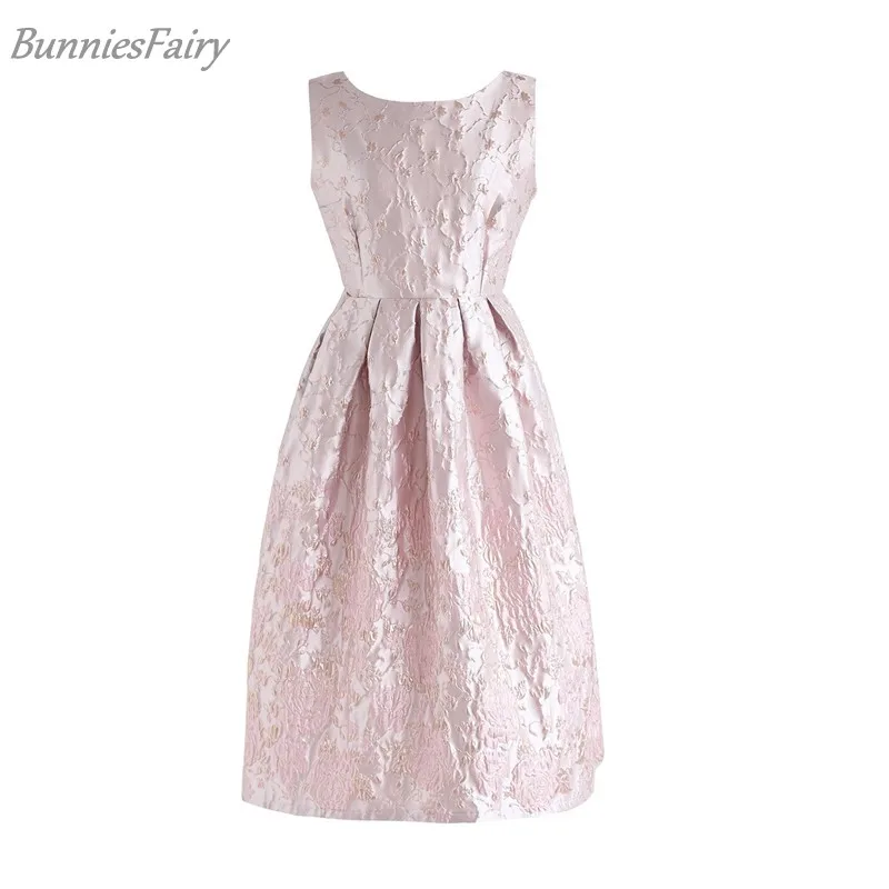 

BunniesFairy 2019 Spring Vintage Audrey Hepburn Princess Rosy Blossom Jacquard Embossed Floral Pink Midi Dress Party Wear Lined
