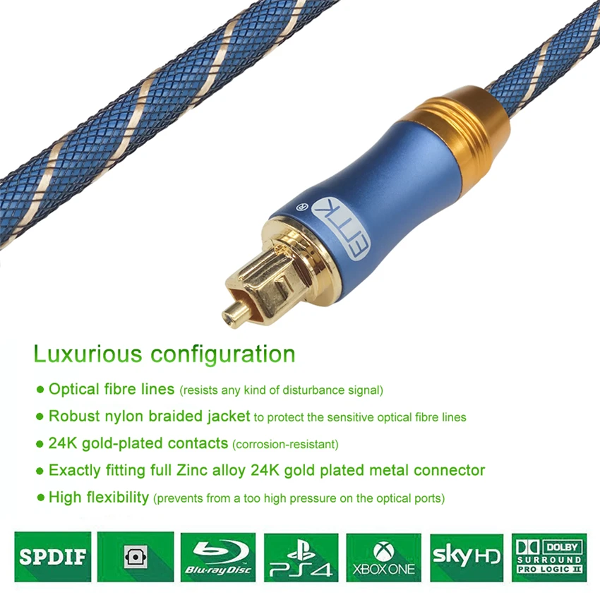 EMK 2017 new 5.1 Digital Sound SPDIF Toslink Cable fiber optical toslink audio cable Connector adapter with braided jacket 15m (7)