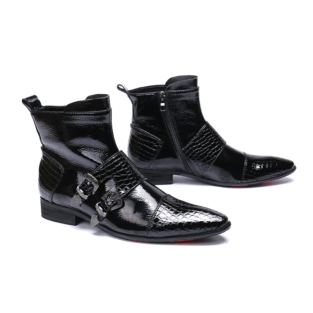 Moda Preto Outono Fivela Do Bella De Dedo Pé Botas Pontas Plus Size Inverno Genuíno Couro Curtas Cowboy Christia Vestido Homens Masculinas RBtqw