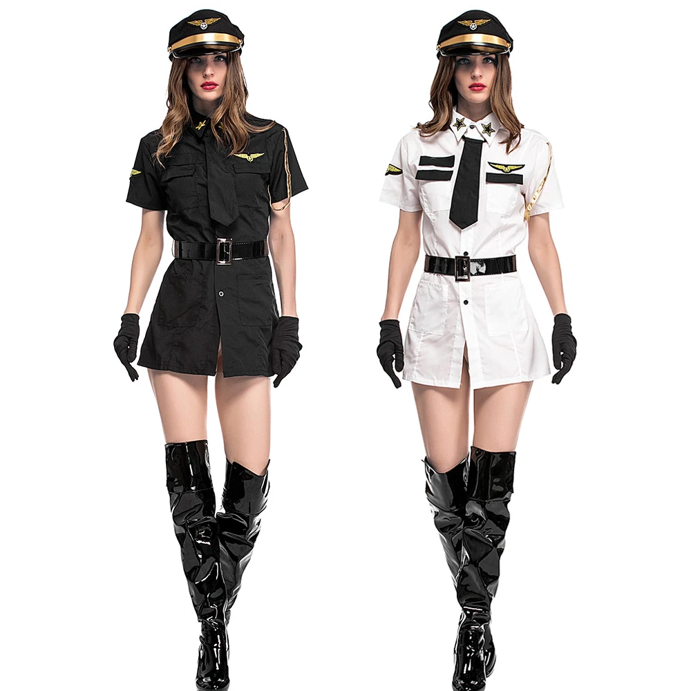 Sexy Women Pilot Costumes Adult Female Black White Make Up Party Dress Fancy Uniform Stewardess Cosplay Suit Halloween Costumes