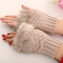 Для женщин На зимнем меху шерстяные вязаные митенки отделка перчатки рука наручные теплые перчатки