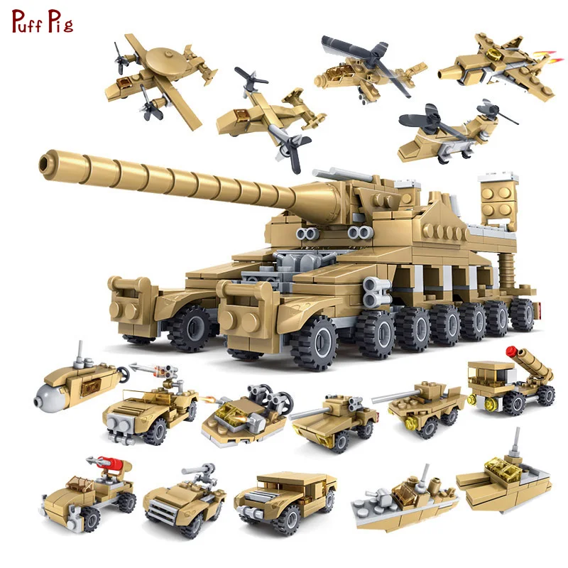 544pcs 16 in 1 Military Tank Armored Vehicle Building Blocks Bricks Compatible Legoe City Army Weapons Toys For Children Gifts