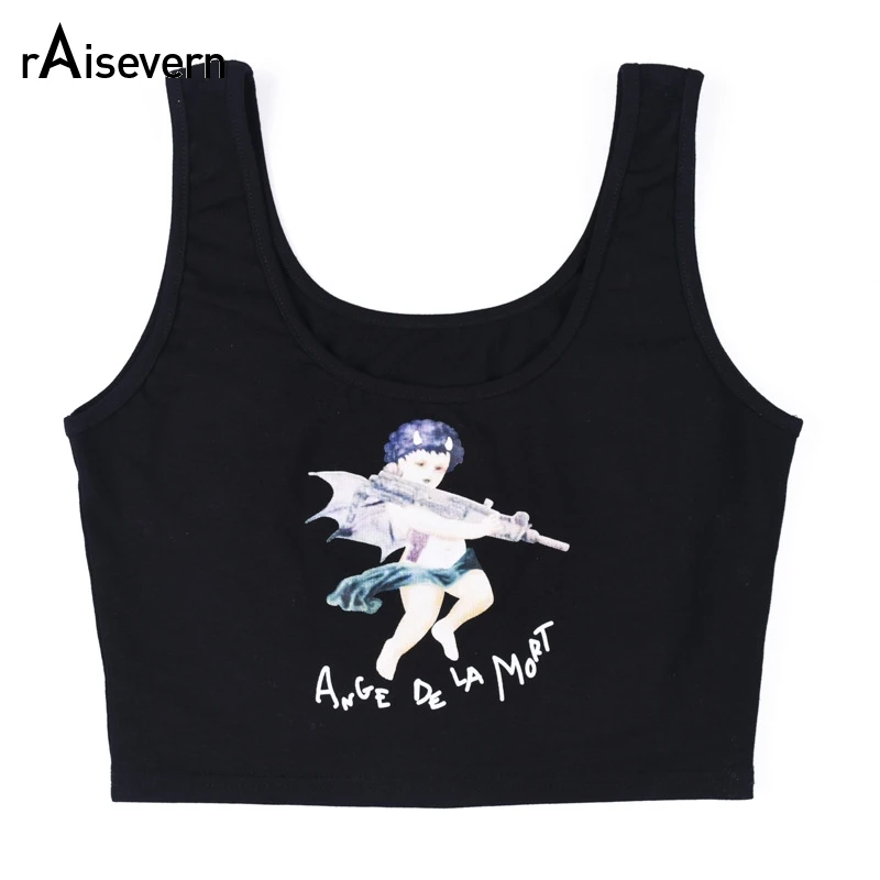 

Raisevern Sexy Black Crop Top Angel of Death Print Women Tank Top 2019 Summer Sleeveless Vest Female Cropped Streetwear Clothes