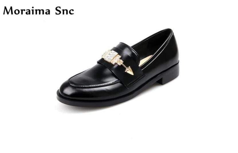 

Moraima Snc 2018 hot selling women flat PU leather shallow crystal square toe lazy button med heel spring Autumn casual flat