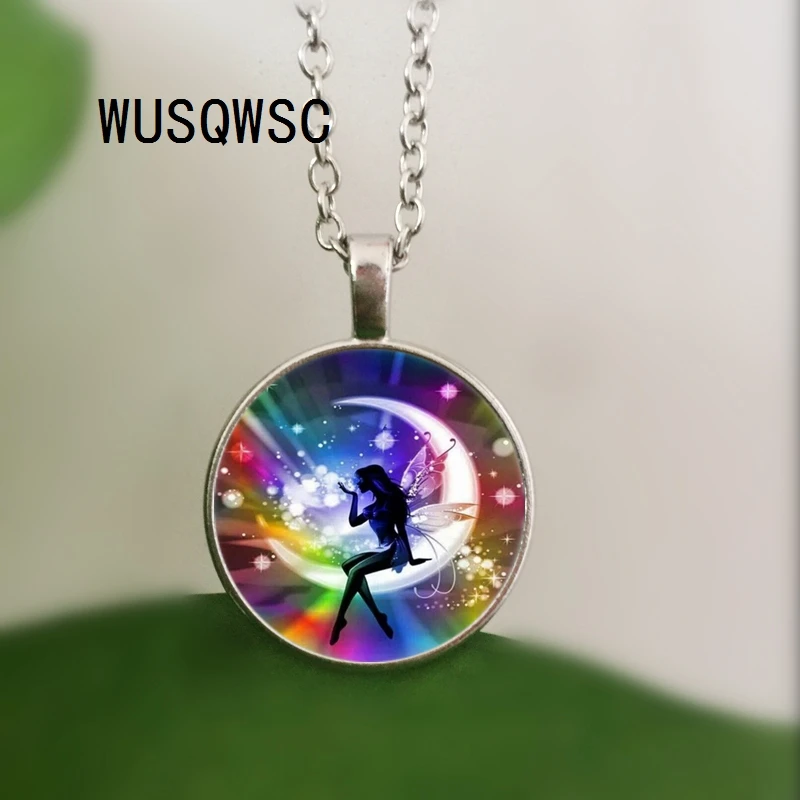 

WUSQWSC Rainbow Fairy Photo Tibet Silver Cabochon Glass Pendant Chain Necklace