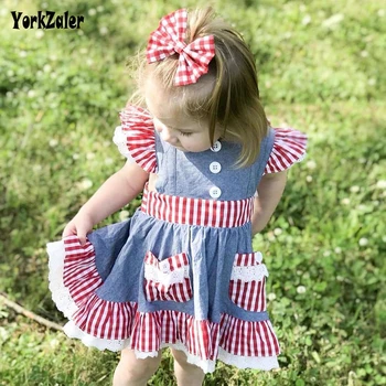 

Yorkzaler 2019 Summer Kids Princess Dress For Girl Feifei Sleeve Girl Party Dress Wedding Splice Plaid Cotton Children Clothes