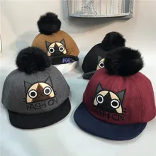 2016 Autumn and winter Children Rabbit Wool Ball cap brim double peaked cap Cartoon Cat Fashion baseball cap for children