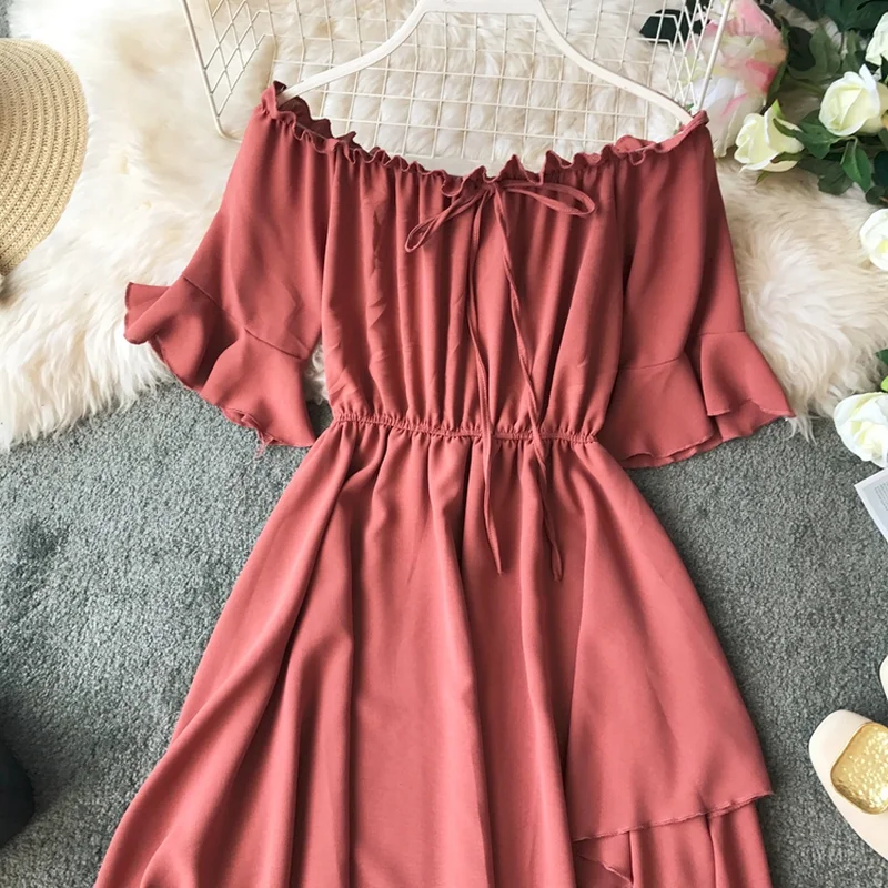 Neploe/лето, женское платье, однотонное, с вырезом, Расклешенным рукавом, Vestido, новое милое, необычное, с оборками, для отдыха, шифоновое платье 43291