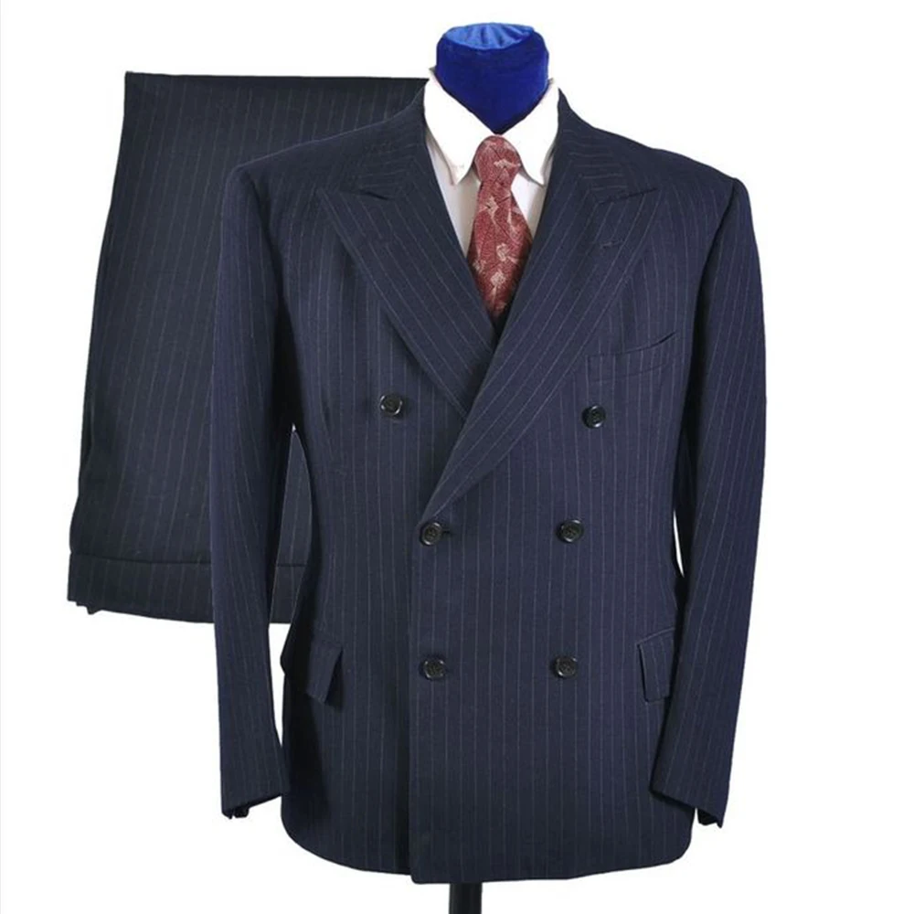 Мужской костюм, сшитый на заказ, двубортный синий мужской костюм в тонкую полоску, смокинг(пиджак+ брюки+ галстук+ карман squaure
