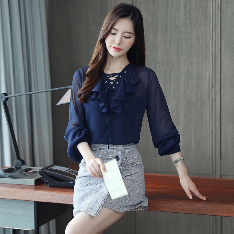 Dingaozlz корейский стиль волна Свободная шифоновая блузка с длинным рукавом оборками галстук-бабочка женские топы сплошной цвет Повседневная Женская рубашка