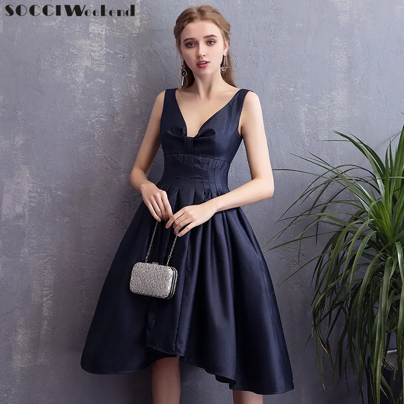 

SOCCI Weekend Sexy Short deep V Prom Dresses 2018 New Sleeveless Asymmetrical Formal Party Dress female navy blue slim Gowns
