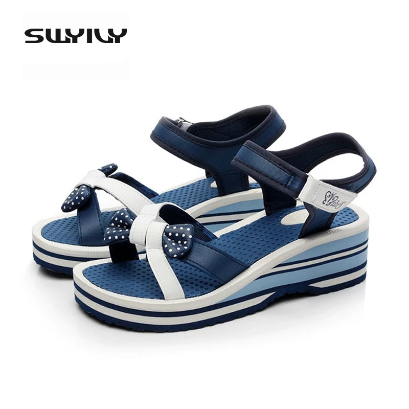 SWYIVY Woman Sandals Sweet Bowtie Summer Vietnamese Sandals Women Summer Wedges 4.5 CM Platform Espadrilles Woman Shoes Summer