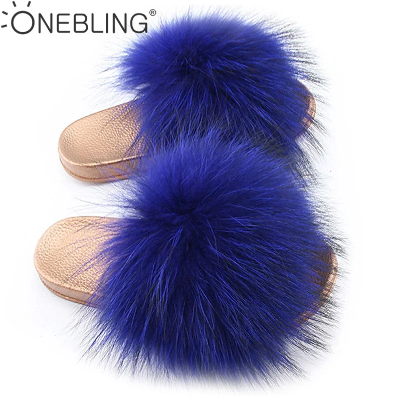

One Bling 9 Colors Plus Size 36-43 Soft Gold Sole Fashion Fuzzy Faux Fur Women Sandals Summer Flat Sliders Ladies Slippers