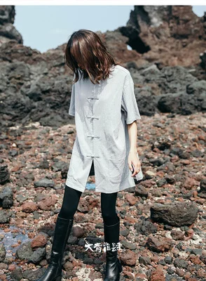 gray Cakucool свободный костюм Тан улучшенный cheongsam с коротким рукавом Ретро рубашка Весна и лето женская новая хлопковая льняная пряжка - Цвет: gray