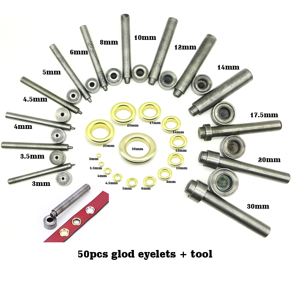 50 set gold eyelet and Brass Eyelet Punch Die Tool Set for Leather Craft Clothing Jeans, Apparel, Bags, 3-30mm