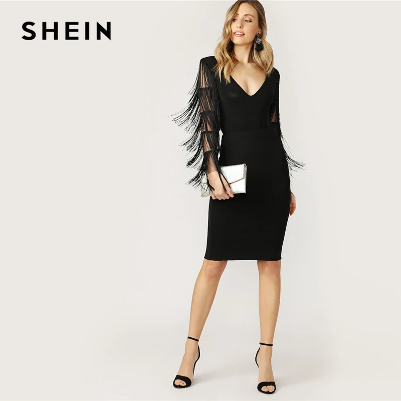 SHEIN الأسود الطبقات هامش شبكة كم سليم جاهزة عادي ارتداءها المرأة الصيف منتصف الخصر نحيل الصلبة ديب V الرقبة داخلية