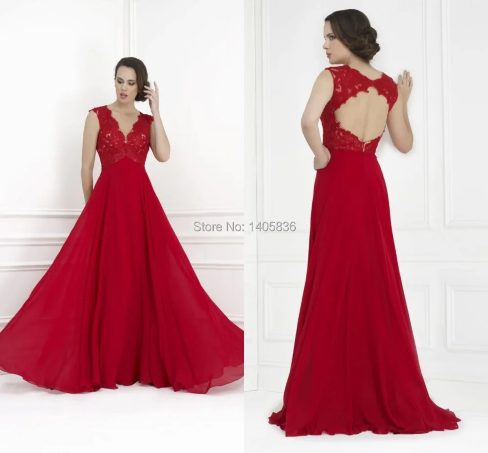 Wholesale 2015 Sexy Appliques Red Color A Line Long Chiffon Open Back Sheer Women Evening