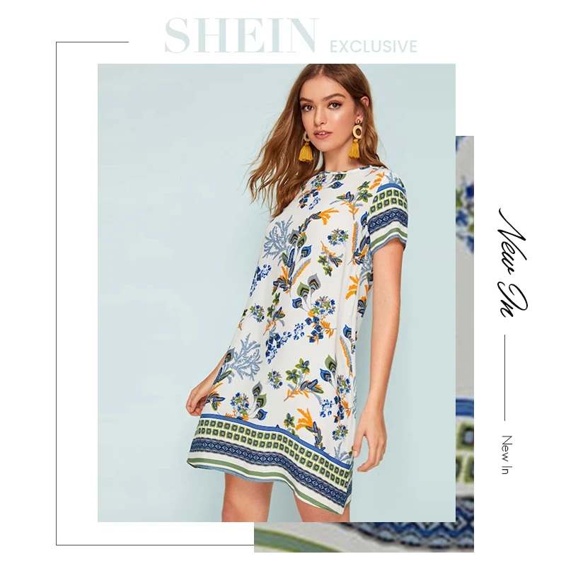 SHEIN летнее женское платье-туника с разноцветным принтом и замочной скважиной на спине,, короткий рукав, круглый вырез, бохо платье, прямое свободное мини-платье