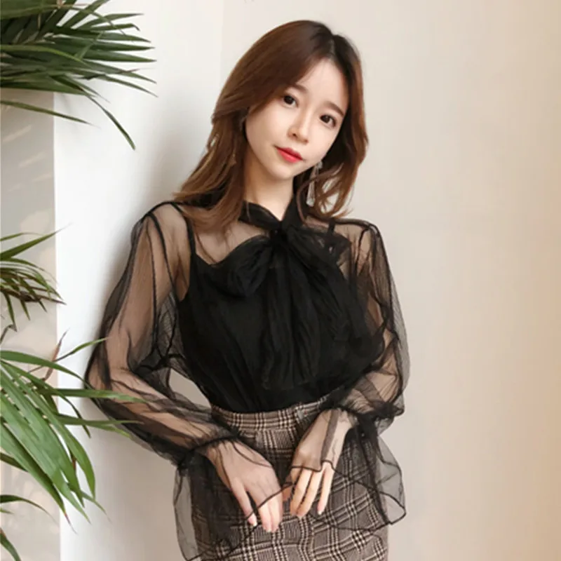 2018 Two Piece Women Mesh Blouse Solid Casual Tie Bow Lace Shirts Female Flare Sleeve Blouses Bottoming Shirt +Tank Tops AB800 4