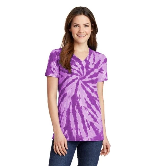 Port & Co LPC147V Ladies Tie Dye V Neck Tee Purple - Small