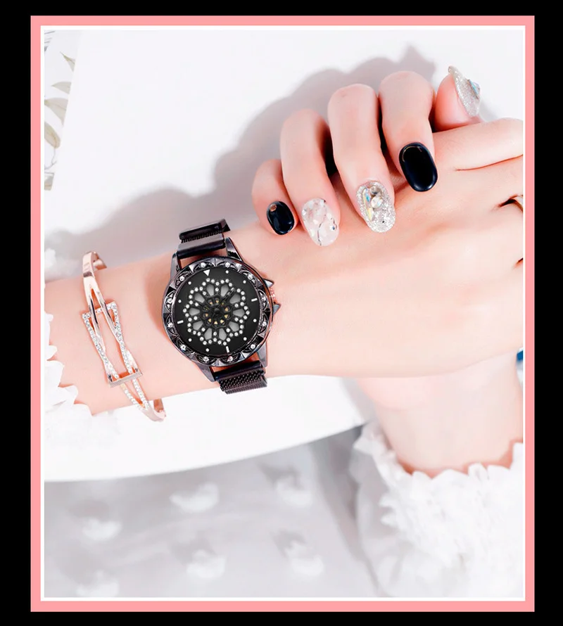 Модные женские кварцевые часы с цветами и бриллиантами, женские часы с вращающимся циферблатом и магнитной сеткой, женские часы, Роскошные наручные часы