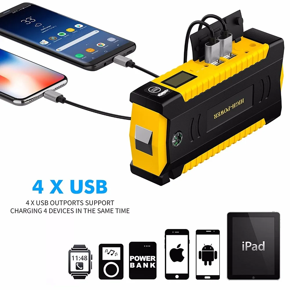 Автомобильный стартер 4 USB светодиодный аварийный усилитель аккумулятора power Bank 12 V с шаговым компасом