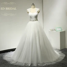 A Line Lace Cap Sleeves Tulle Wedding Dress with Beaded Belt Corset Back China Bridal Wedding Gowns robe de mariage