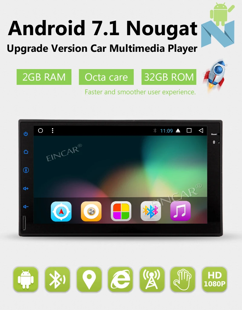 Sale Android 7.1 Car no DVD Stereo GPS Navigation Autoadio Head Unit Bluetooth FM/AM/RDS Radio HD 1080p Video Octa Core Free Camera 1