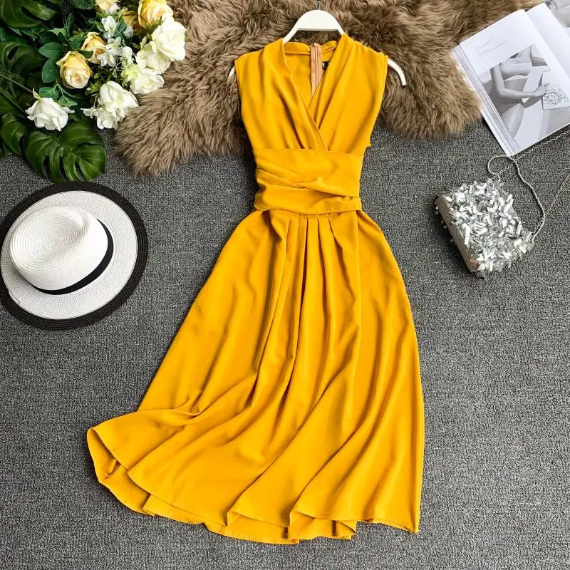 

New Dresses Women Summer Sexy Deep V-neck Butterfly Tie Sashes High Waist Vintage A-line Casual Elegant Female Dress Vestidos