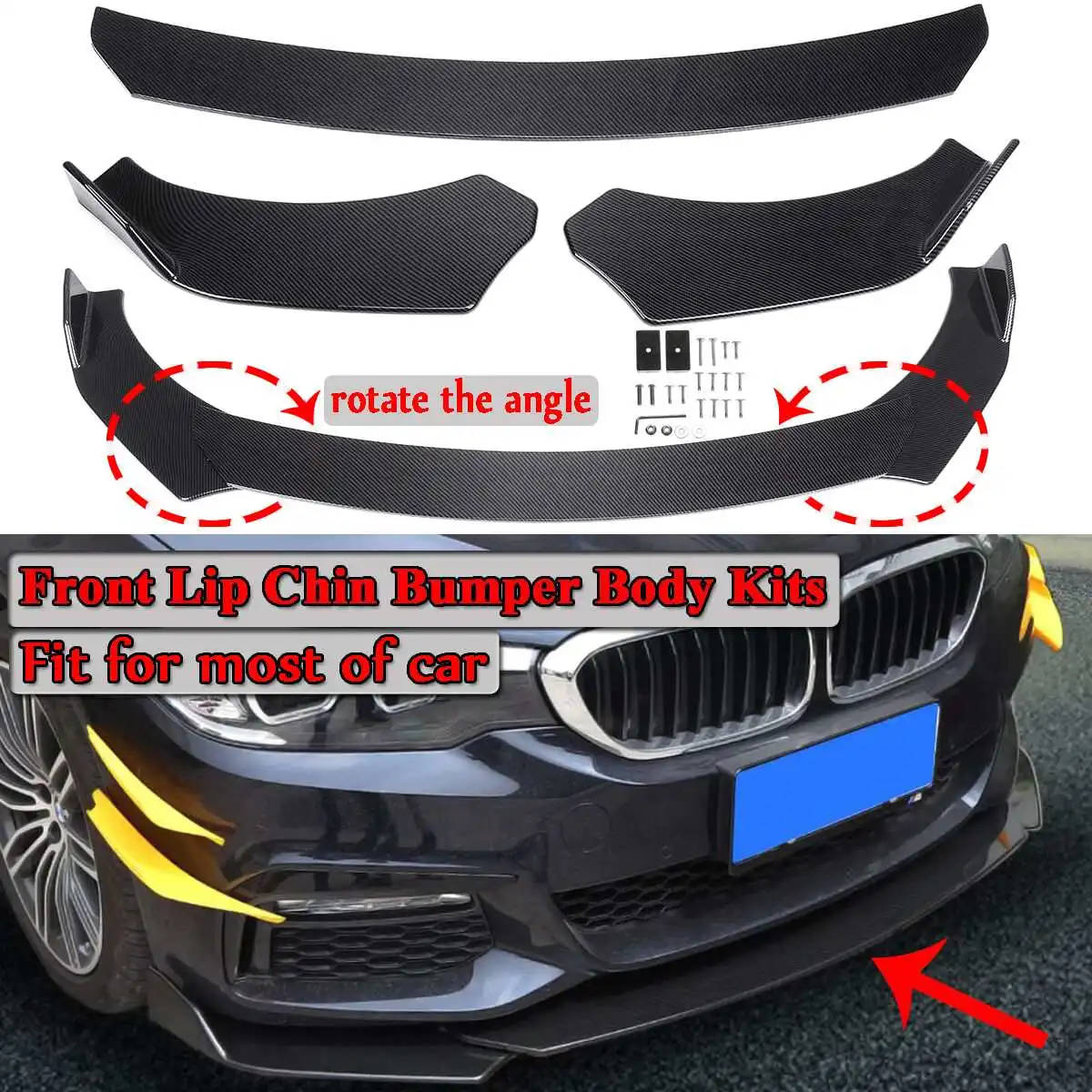 

Carbon Fiber Look/ Black Universal 3Pieces Car Front Lip Chin Bumper Body Kits Rotate The Angle New For Honda For Civic For Benz