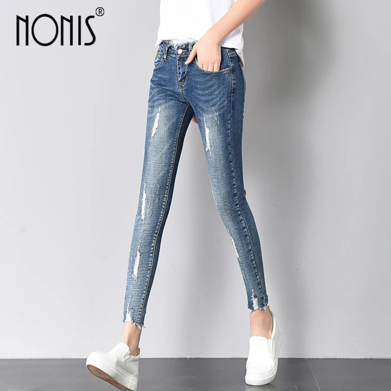 Nonis рваные джинсы брюки женские женский джинсовый, синие джинсы брюки Demaged Hole Дамская уличная одежда женские брюки-карандаш Pantalon