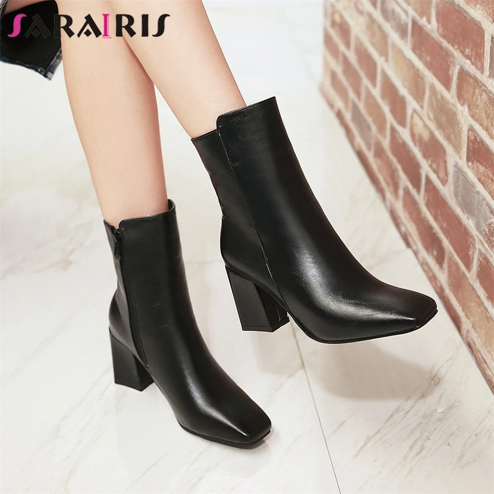 

SARAIRIS Brand New Autumn Winter Boots Big Size 32-43 Lady Chunky High Heels Shoes Woman Casual Office Ankle Boots Female Shoes