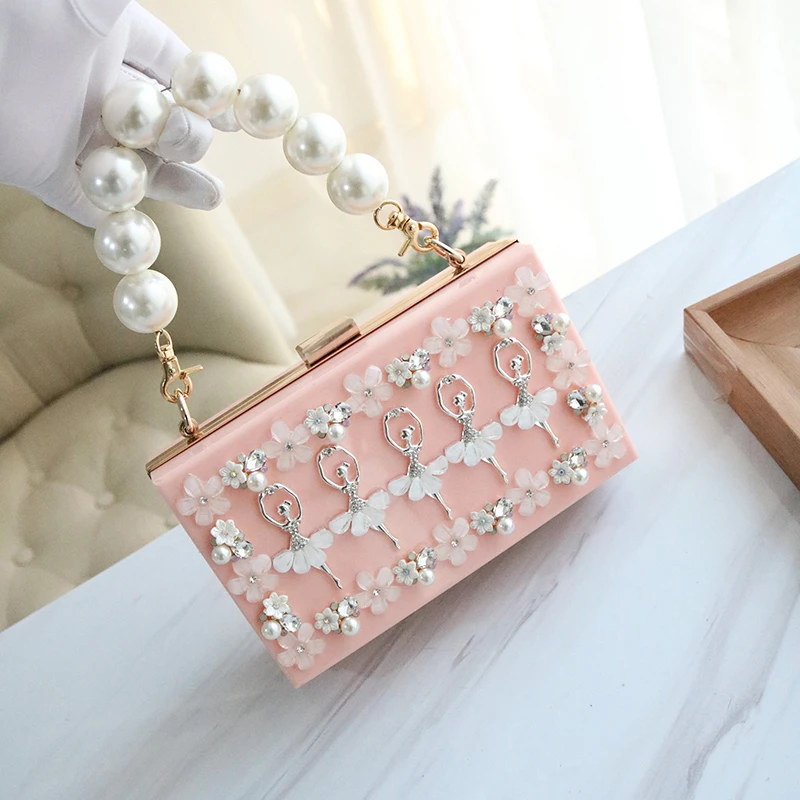 

Women Bags Pearl Totes Acrylic Handbags Flower Evening Bags Dance Girl Wedding Bride Metal Chain Ladies Crossbody Shoulder Bags