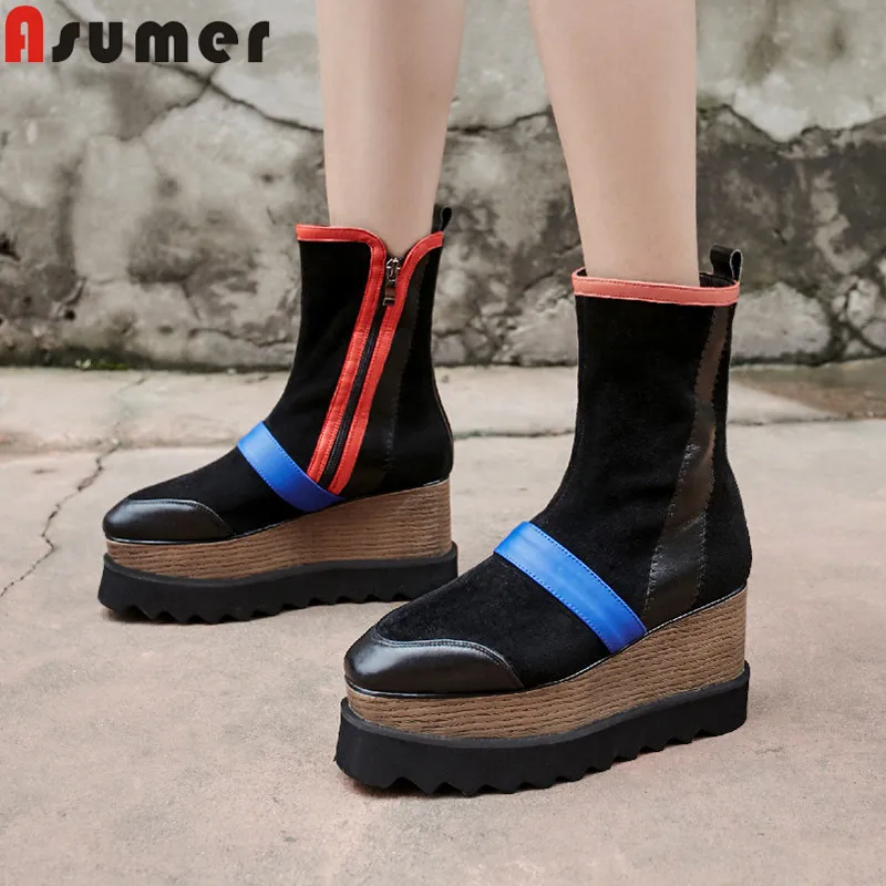 

ASUMER big size 34-42 new ankle boots for women square toe zip genuine leather boots platform wedges shoes women boots