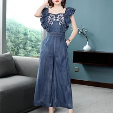 Модные женские джинсы деним комбинезон с летящими рукавами Джинсы Комбинезоны Брюки повседневные широкие брюки