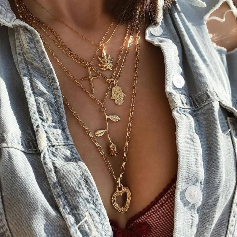 Tocona золотое, подделка длинный листик крест Розочки в форме сердца многослойное ожерелье с подвеской для женщин Винтажный чокер ювелирные изделия D06402