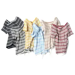Женские облегающие футболки в полоску с коротким рукавом и вырезом лодочкой, женские эластичные топы, футболки для девочек
