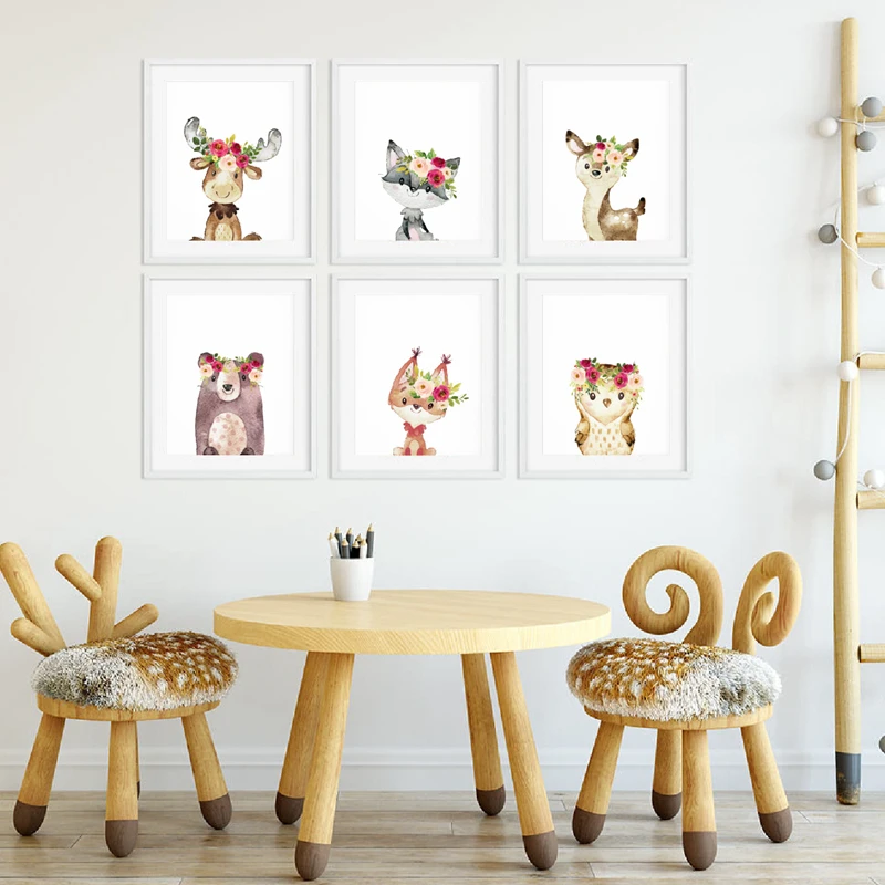 Watercolor Baby Animals Print Kids Room Decor