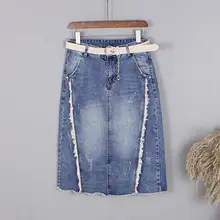 Летние синие джинсовые юбки женские Выбеленные прямые юбки с кисточками хлопковые джинсовые юбки в английском стиле с высокой талией до середины икры 1259